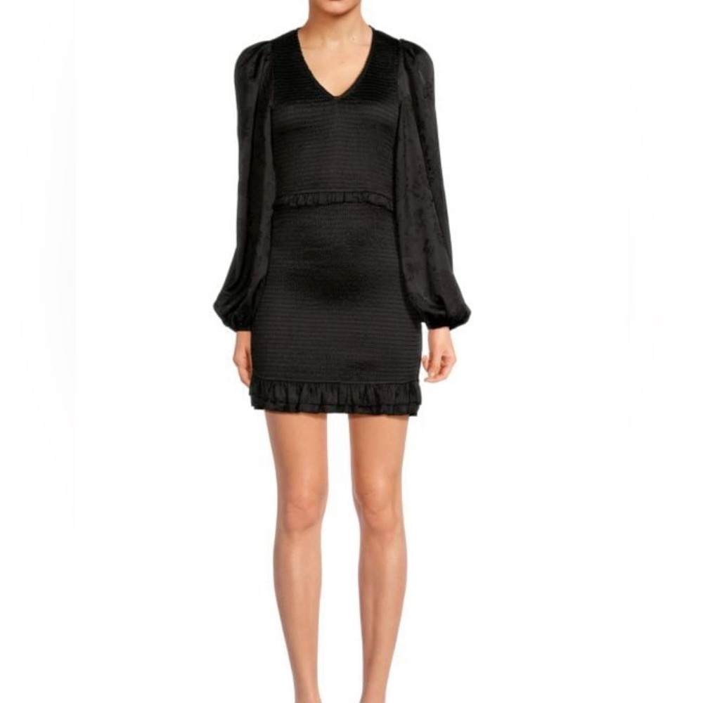 NWT Allison New York Black Jacquard Smocked Mini Sz S Puff Sleeve Ruffle Hem